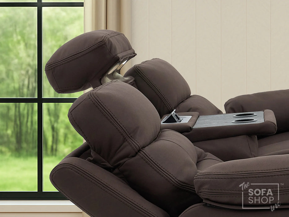 3+2 Electric Recliner Sofa Set in Brown Resillience Fabric | Hi-Tech Cinema Package with Massage, Drop-Down Table, Power Headrest, Power Recliner, Storage Drawer, USB & Wireless Charging | Sicily