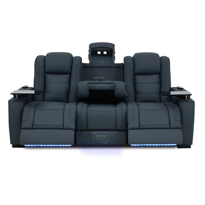 3 Seater Real Leather Electric Recliner Cinema Sofa in Blue | Massage & Heat, Bluetooth, Cooling Cup Holders, Tray Tables & Fold-Down Table | Napoli | The Sofa Shop