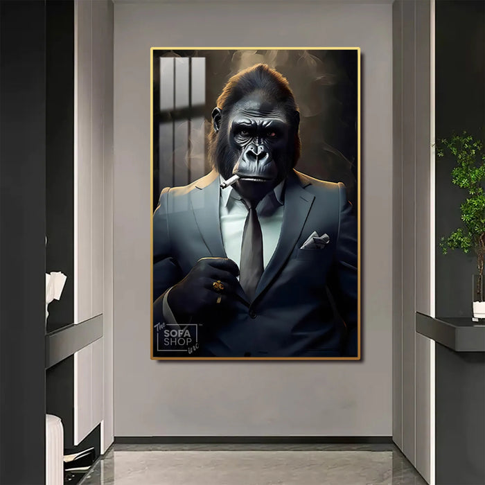 Smoking Gorilla King LED Canvas | Wall Art Painting in Gold/Black Frame Gorilla Portrait Wall Art, LED-Lit Crystal-Porcelain Painting | 100×150 cm | The Sofa Shop