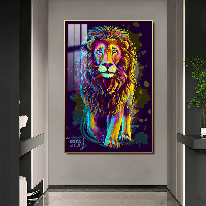 Colourful Lion LED Canvas 100 x 150 cm Vertical | Pop Art Wall Art With White Halo Glow + Remote & Plug Control + Crystal-Porcelain Finish + Gold Or Black Alloy Frame | The Sofa Shop