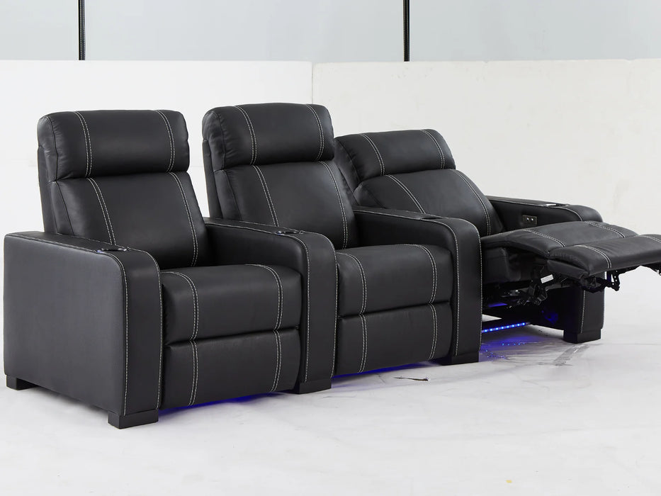 3 Seater Reclining Home Theatre Sofa | Black Real Leather Electric Seats With Arm Storage, LED, USB & Cup Holders | Catania | The Sofa Shop - 30