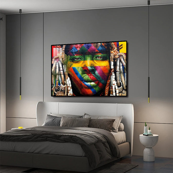LED-Enhanced African Woman Portrait Canvas | Horizontal LED Canvas 150×100 cm | Crystal-Porcelain Horizontal Painting, Gold / Black Frame | The Sofa Shop