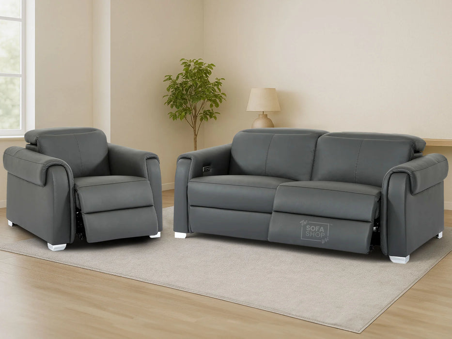 3+1 Real Leather Recliner Electric Sofa Set in Grey | Hi-Tech Sofa Set with Massage, USB Ports & Power Headrests | Turin