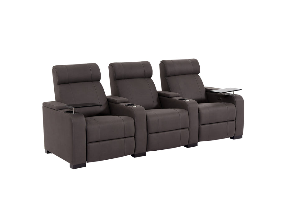 3 Seat Electric Recliner Home Cinema Theatre Sofa | Fabric Couch in Grey + Chilled Cupholders + Console + Table + Power + USB + LED Lights| Rimini | The Sofa Shop