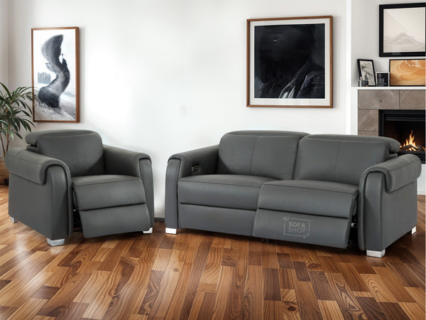 3+1 Recliner Electric Sofa Package | 2-Piece Smart Sofa Suite in Grey Genuine Leather | Adjustable Headrests & USB | Turin | The Sofa Shop