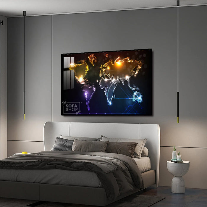 Illuminated World Map LED Canvas 150 x 100 cm | Neon Map Wall Art With Adjustable LED Backlighting + Crystal-Porcelain Finish + Gold Or Black Frame | The Sofa Shop