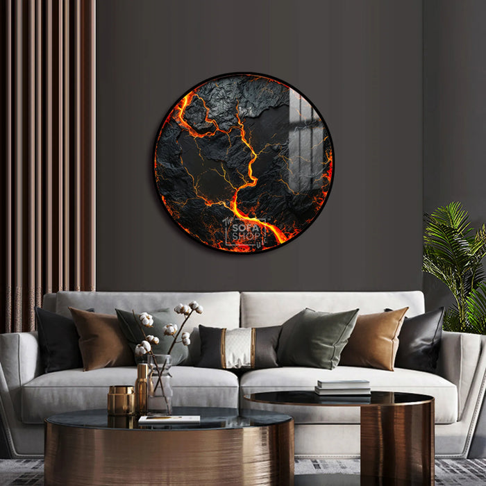 Volcanic Wall Art Round LED Canvas 100 cm | Lava-Inspired Feature Piece With Flickering LED Glow + Remote Control + Crystal-Porcelain Gloss + Gold Or Black Frame | The Sofa Shop