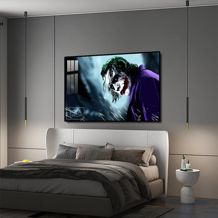 LED Joker Portrait Canvas 150 x 100 cm | Glow In The Dark Wall Art With 3 Lighting Modes + Crystal-Porcelain Finish + Gold Or Black Aluminium Frame | The Sofa Shop