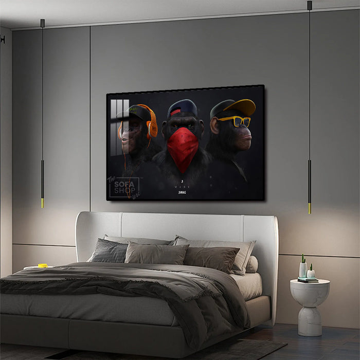 Urban Chimpanzee Trio LED Canvas 150 x 100 cm | Street-Style Monkey Wall Art With 3 Brightness Modes + Crystal-Porcelain Finish + Gold Or Black Frame | The Sofa Shop