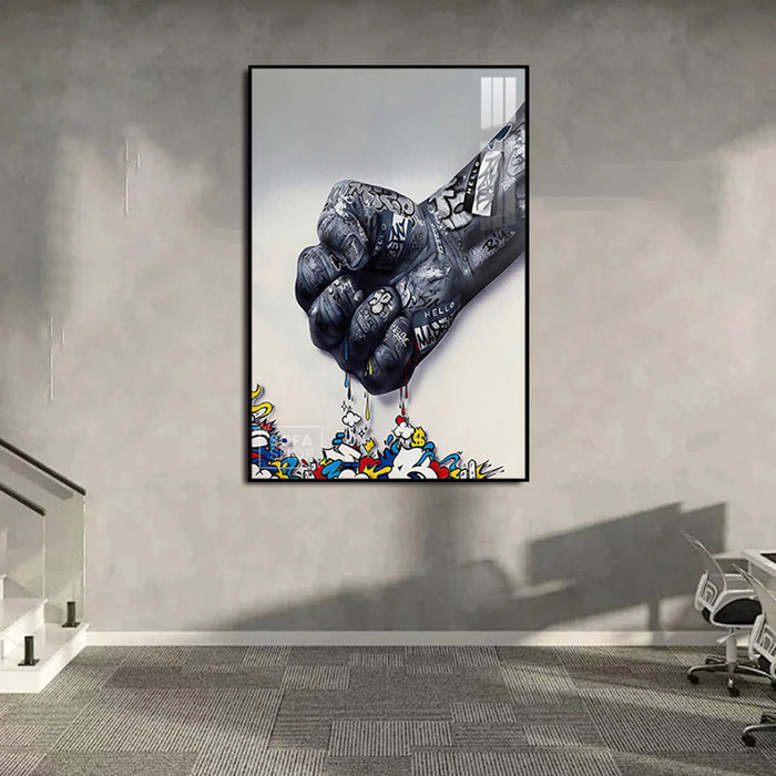 Graffiti Fist LED Canvas 100 x 150 cm Vertical | Urban Street Art With Adjustable LED Backlighting + Crystal-Porcelain Finish + Gold Or Black Aluminium Frame | The Sofa Shop