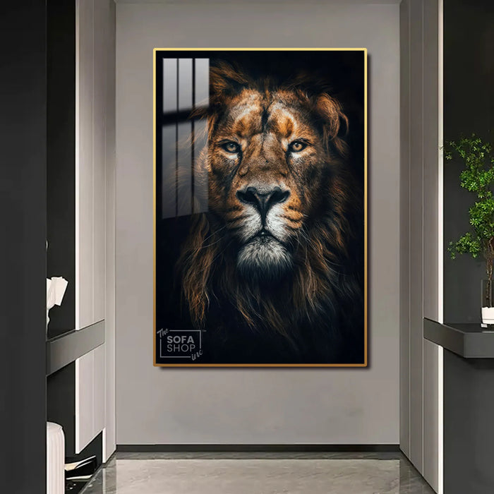Majestic Lion LED Canvas 100 x 150 cm Vertical | Hyperrealistic Lion Head Portrait With Adjustable LED Backlighting + Crystal-Porcelain Finish + Gold Or Black Frame | The Sofa Shop