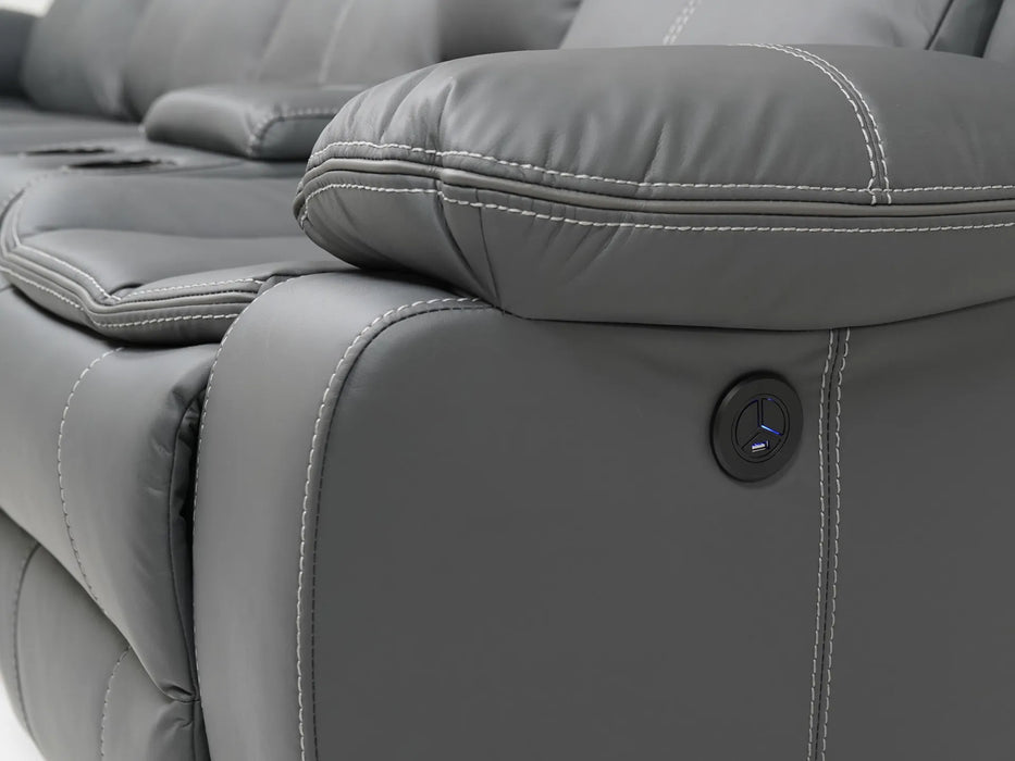 4 Seater Electric Recliner Sofa in Grey Leather | Different Colour Stitching on Left-Hand Facing and Right-Hand Facing Sides | Highgate | Second Hand Sofa 85 (New – Mismatched Stitching)
