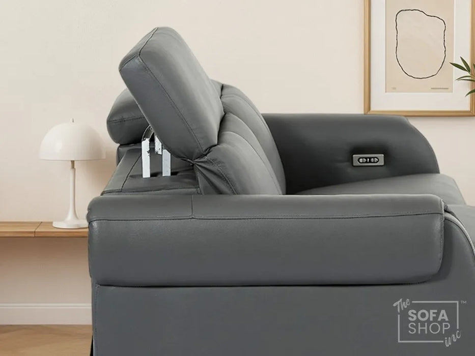 3 Seater Real Leather Recliner Sofa In Grey | Hi-Tech Sofa with Massage, USB Ports & Power Headrest | Turin