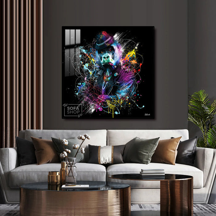 Gorilla Wall Art LED Canvas 100 x 100 cm | Street-Style Print With Bold Colour Splashes + Remote-Controlled LED Frame + Crystal-Porcelain Finish + Gold Or Black Frame | The Sofa Shop