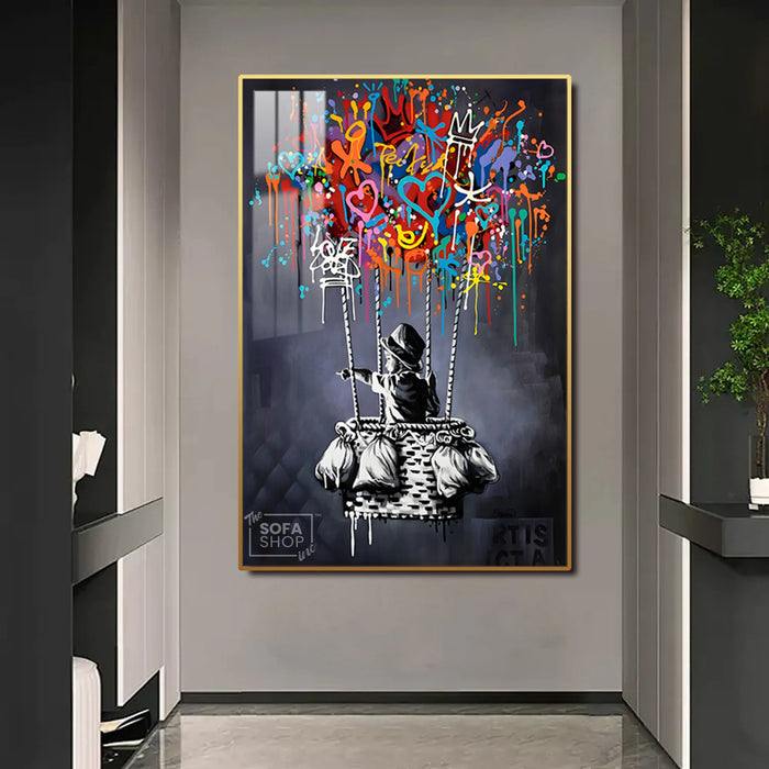 Dream Balloon LED Canvas 100 x 150 cm Vertical | Graffiti Hot Air Balloon Wall Art With Adjustable LED Glow + Crystal-Porcelain Finish + Gold Or Black Frame | The Sofa Shop