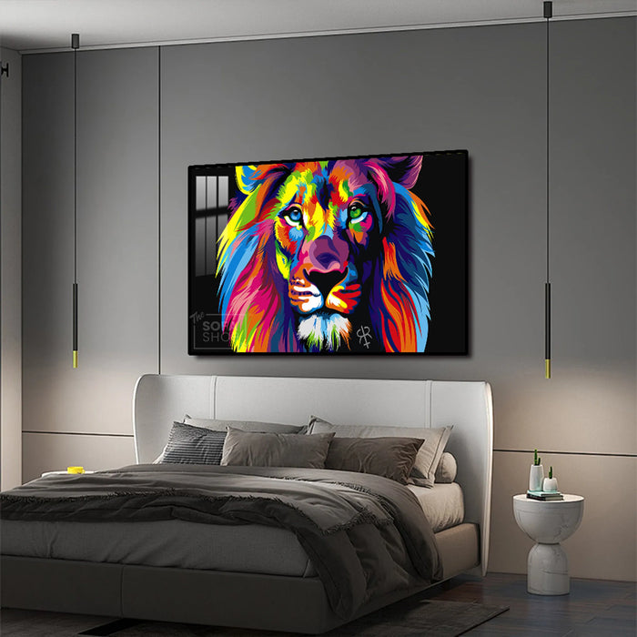 Colourful Lion Painting LED Canvas 150 x 100 cm | Pop Art Wall Art With 3 Brightness Modes + Remote Control + Crystal-Porcelain Finish + Gold Or Black Frame | The Sofa Shop