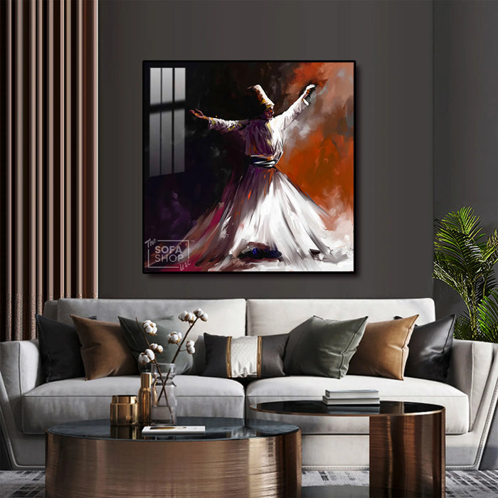 Sufi Whirling Dervish LED Canvas 100 x 100 cm | Islamic Wall Art With Radiant LED Backlighting + Crystal-Porcelain Finish + Gold Or Black Alloy Frame | The Sofa Shop