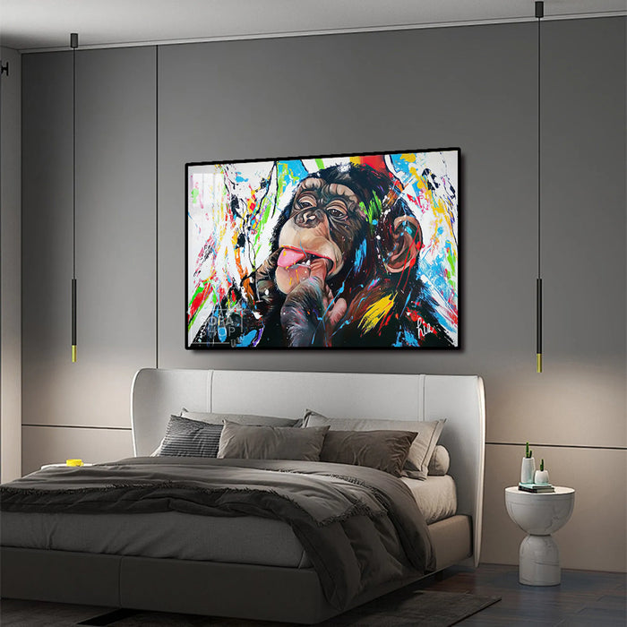 Colourful Chimp LED Canvas 150 x 100 cm | Graffiti Monkey Wall Art With Concealed LED Backlighting + Crystal-Porcelain Finish + Gold Or Black Frame | The Sofa Shop
