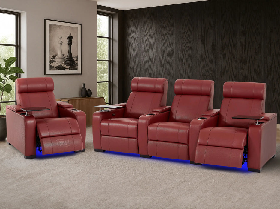 Real Leather 3+1 Recliner Electric Sofa Package In Red | 2-Piece Home Theatre Set with Power Seats, Table & USB  | Rimini