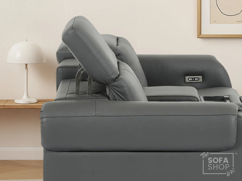 2 Seater Real Leather Electric Recliner Sofa | Cinema Sofa | Hi-Tech Sofa in Grey with Massage, Middle Console, Adjustable Headrests & USB | Turin