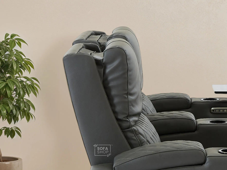 2 Seat Real Leather Electric Recliner Home Cinema Theatre Sofa In Grey With Multi-Position Reclining + LED Cup Holders & Lumbar Support | Assisi