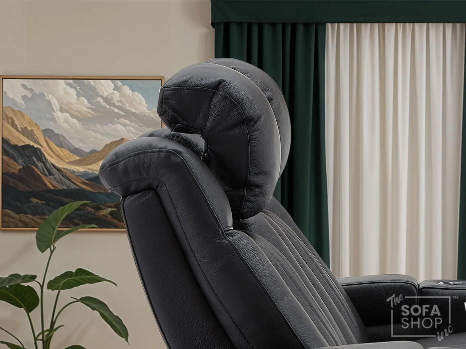 2 Seater Real Leather Power Reclining Cinema Sofa in Black with Console, USB Ports, Table, Cup Holders, Storage & Massage | Capri | The Sofa Shop