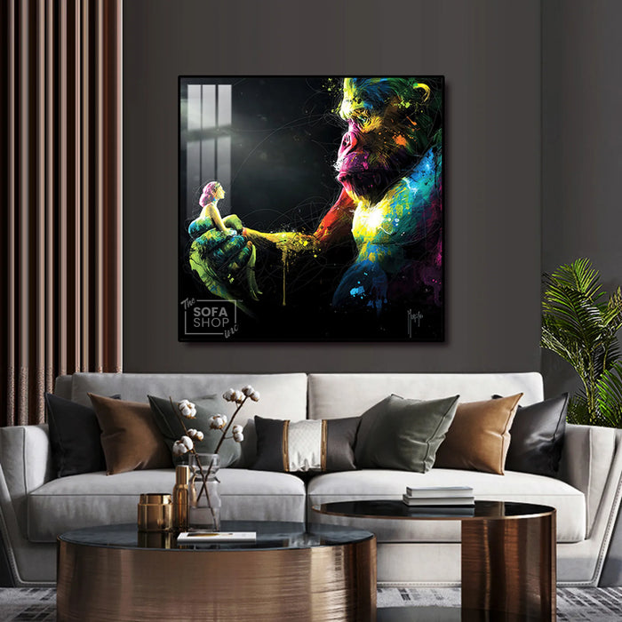 Gorilla Canvas Wall Art LED 100 x 100 cm | Emotional Street-Style Print With Bold Detail + Remote-Controlled LED Frame + Crystal-Porcelain Finish + Gold Or Black Frame | The Sofa Shop