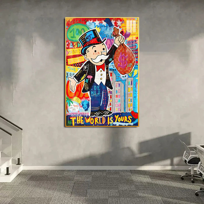 Monopoly Man LED Canvas | The World Is Yours | 100×150 cm LED-Illuminated Crystal-Porcelain Painting, Gold/Black Frame | The Sofa Shop
