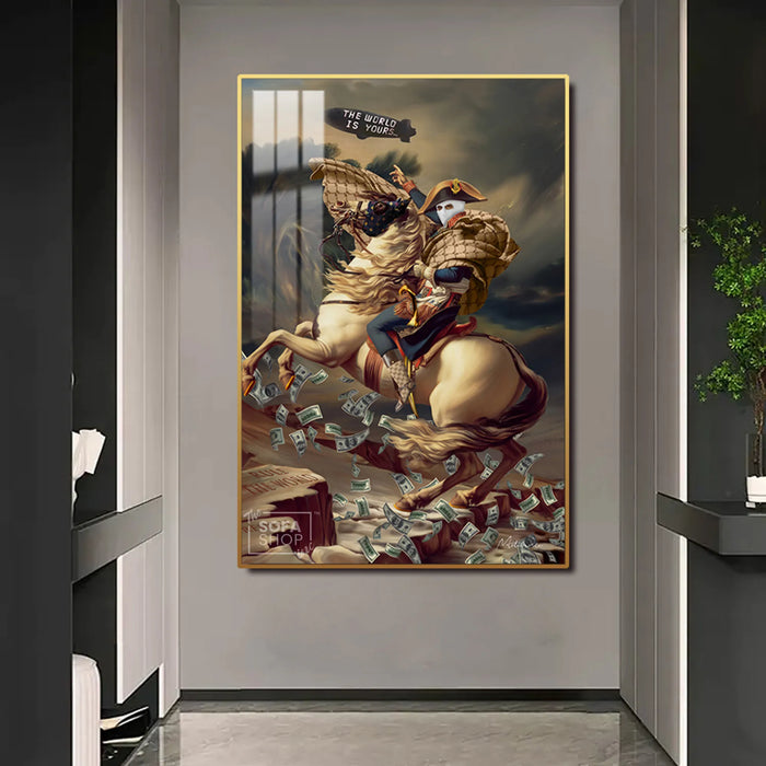 LED Conquest Canvas 100 x 150 cm Vertical | The World Is Yours Horse & Rider Wall Art With Adjustable LED Backlighting + Crystal-Porcelain Finish + Gold Or Black Frame | The Sofa Shop