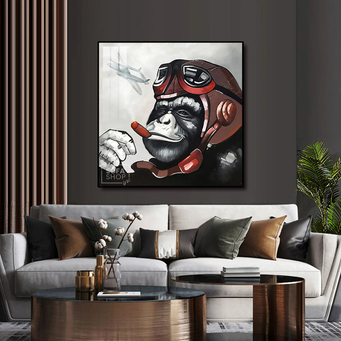 Monkey Pilot LED Canvas 100 x 100 cm | Retro Pop Wall Art With Remote-Controlled LED Frame + Crystal-Porcelain Finish + Gold Or Black Aluminium Frame | The Sofa Shop