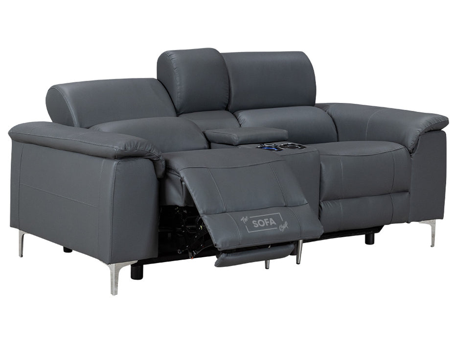 2 Seater Grey Leather Electric Recliner Sofa with Cup Holders, Storage - Solero