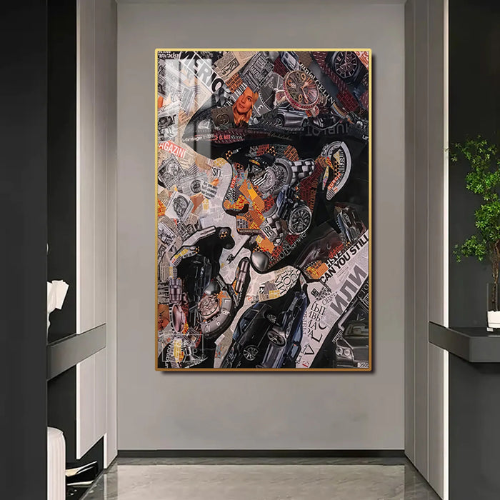 Tommy Shelby Collage LED Canvas | Vertical: Peaky Blinders Art Work 100×150 cm | LED-Illuminated Crystal-Porcelain Painting, Gold/Black Frame | The Sofa Shop