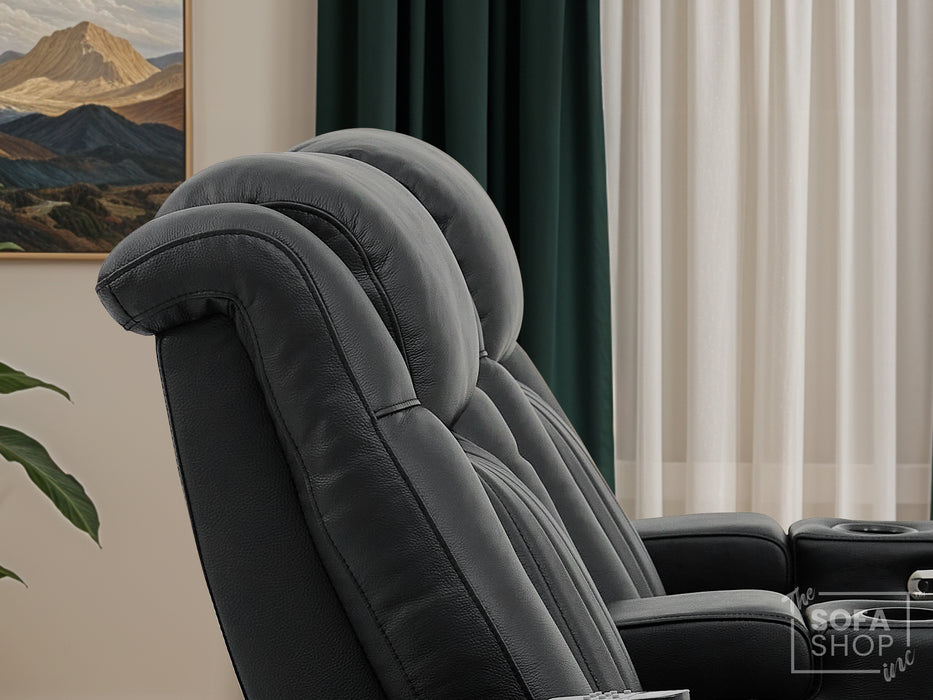 2 Seater Real Leather Power Reclining Cinema Sofa in Black with Console, USB Ports, Table, Cup Holders, Storage & Massage | Capri | The Sofa Shop