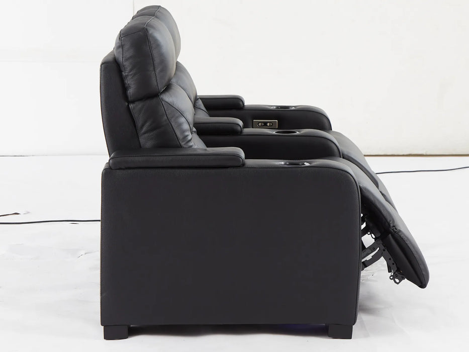 2 Seat Electric Recliner Home Cinema Theatre Sofa | Real Leather Couch In Black + LED Lights + LED Cupholders + Storage - Trapani - 26