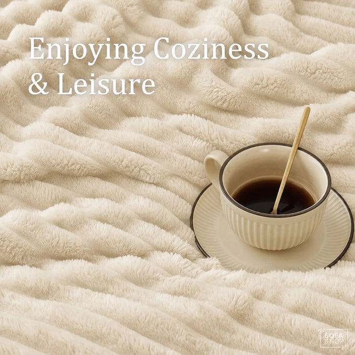 Classic Beige Flannel Plush Blanket 150 x 200cm | Fluffy Warm Cosy Throw with Ultra-Soft Fleece + Machine Washable Care | Boston | Bed Sofa Couch Blanket | The Sofa Shop