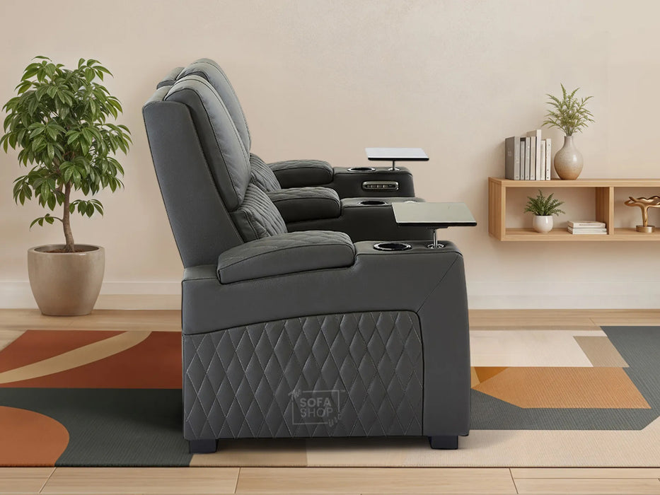 2 Seater Grey Real Leather Electric Recliner Cinema Sofa | Smart Recliner Sofa with Power Lumbar, Power Headrests, Cooling Cup Holders & Detachable Tray Tables | Assisi | The Sofa Shop
