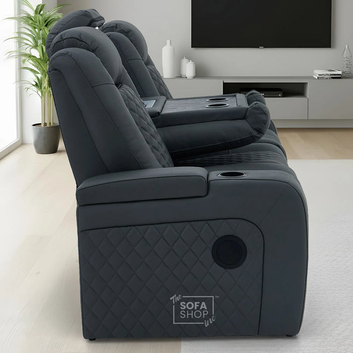 3 Seater Real Leather Electric Recliner Cinema Sofa in Grey | Hi-Tech Sofa with Power Lumbar, Bluetooth, Fold-Down Table & Storage | Milano | The Sofa Shop