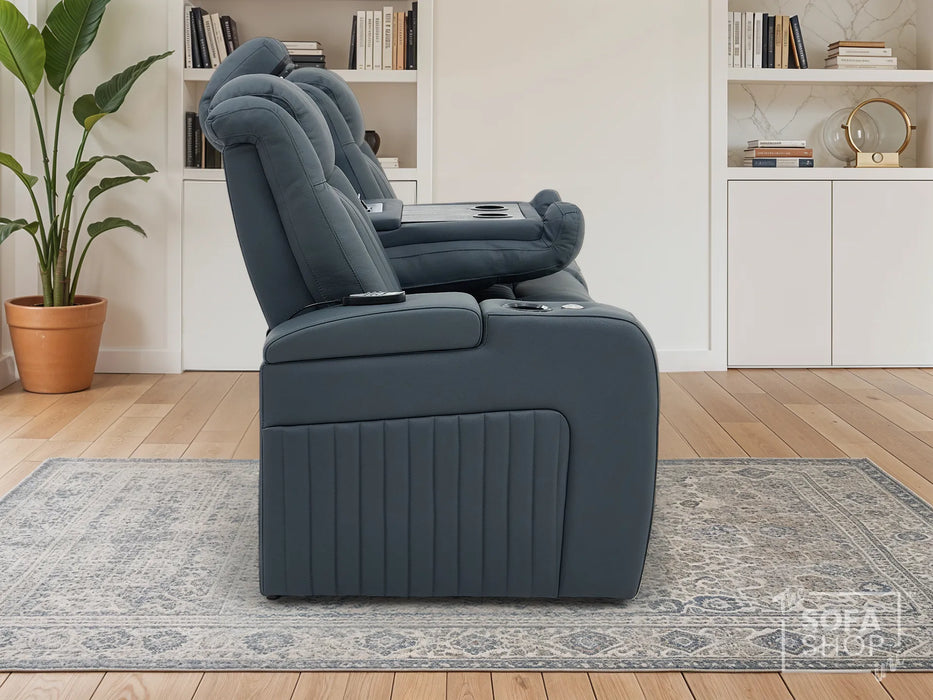 Real Leather 3+1 Recliner Cinema Sofa Set In Blue with Power Headrest, Power Recliner, Drop-Down Table, Massage, LED Lights, USB Ports & Tray Tables | Cinema Sofa Set | Capri