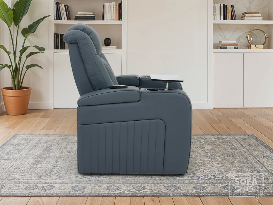 Real Leather Recliner Chair In Blue with Power Headrest, Power Recline, Massage, USB Charging, LED Cup Holder & Tray Table | Capri