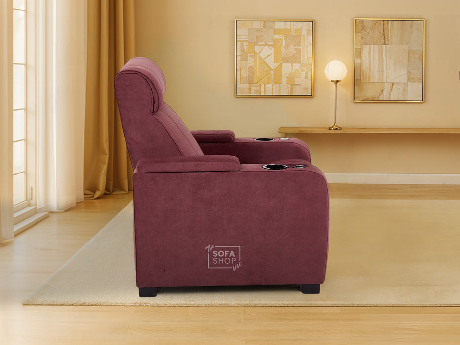 2+1 Sofa Set. Electric Recliner Cinema Suite in Velvet Purple Fabric | 2 Piece Sofa Set with Massage, USB Ports, Cooling Cup Holders, Storage Box & LED Lights | Rimini | The Sofa Shop