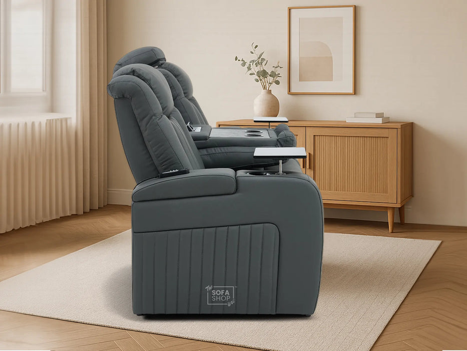 3 Seater Recliner Cinema Sofa | Theatre Couch in Grey Real Leather with USB Ports, Heating, Cup Holders, and Wireless Charger | Capri | The Sofa Shop