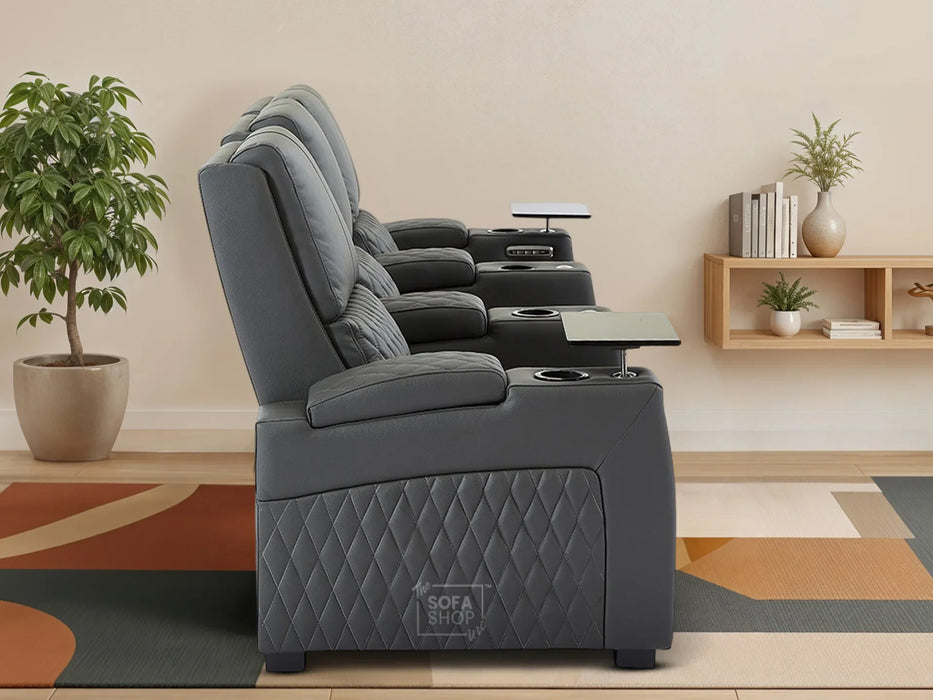 Real Leather 3+1 Home Theatre Sofa Suite In Grey | 2 Piece Reclining Cinema Sofa Package With Power Lumbar, LED & Cooling Cup Holders | Assisi