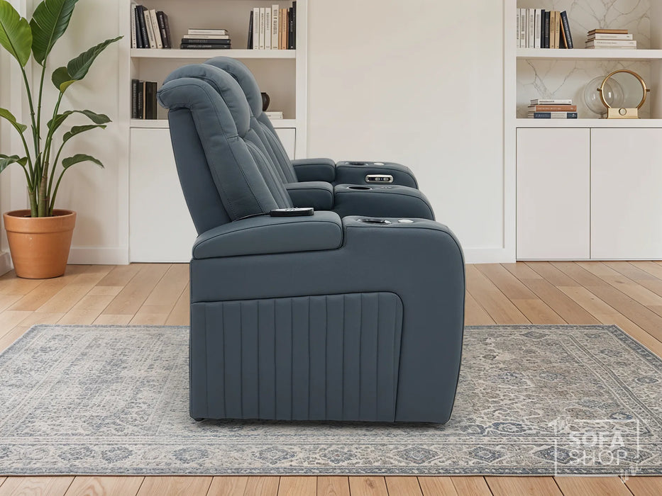 2 Seater Real Leather Recliner Sofa In Blue with Console, Massage, Heating, Adjustable Headrest, LED Cup Holders & USB Ports | Capri