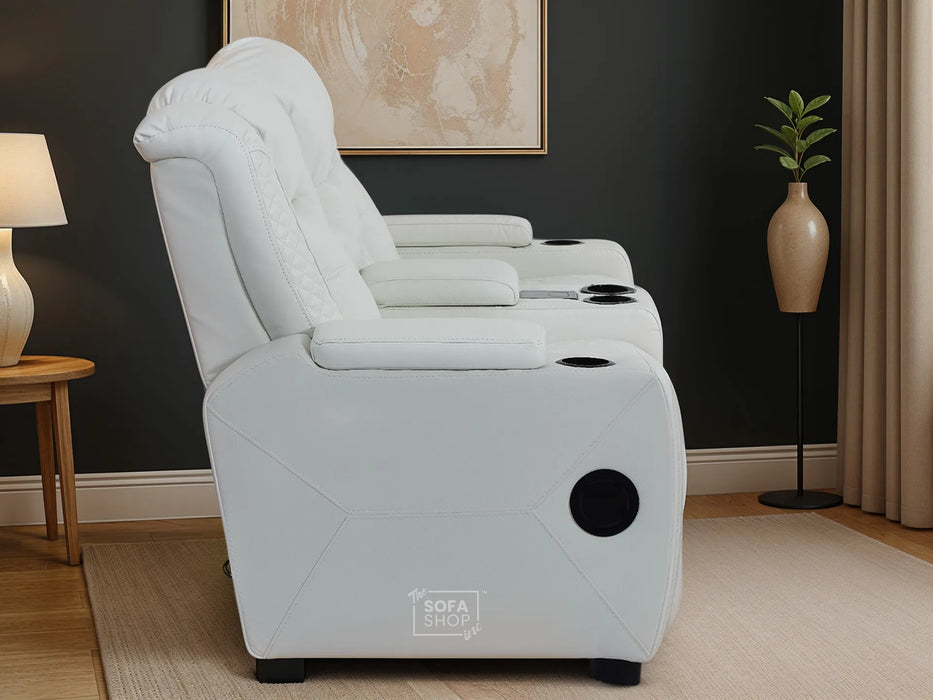 2 Seat Real Leather Electric Recliner Home Cinema Theatre Sofa | Couch In White + Cooling Cup Holders + Power Headrest + Bluetooth Speaker + Storage - Napoli Series One