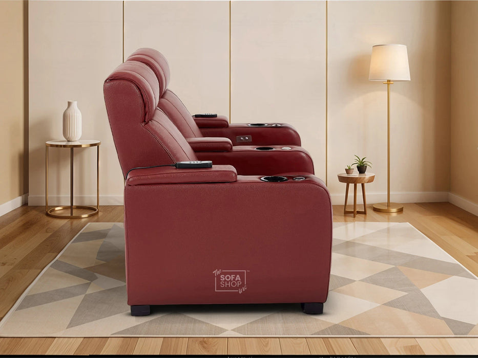 2 Seater Real Leather Electric Recliner Cinema Sofa in Red | Hi-Tech Cinema Sofa With Massage, Tray Tables & Cooling Cup Holders + USB Ports | Rimini | The Sofa Shop