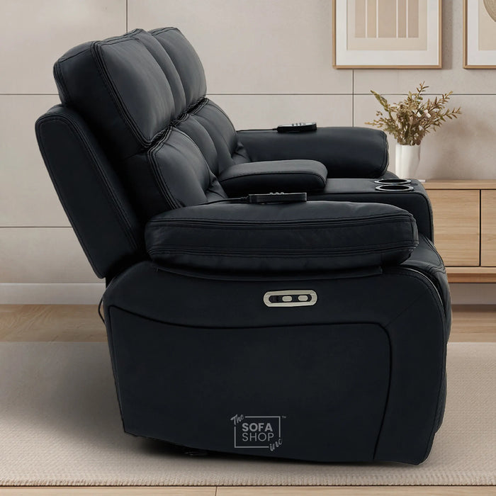 2 Seater Black Real Leather Electric Recliner Cinema Sofa | Massage, Power Headrest, Cooling Cupholders & Central Console | Sicily | The Sofa Shop