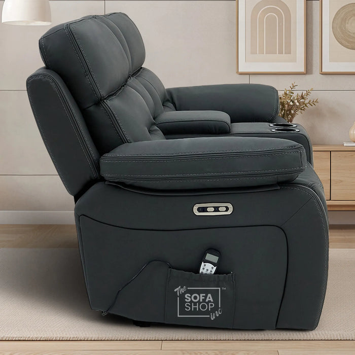2 Seater Electric Recliner Cinema Sofa in Grey Leather | Hi-Tech Cinema Seats with Massage, Console, Power Headrest, Power Recliner, Bluetooth, Socket Set, USB & Wireless Charging | Sicily