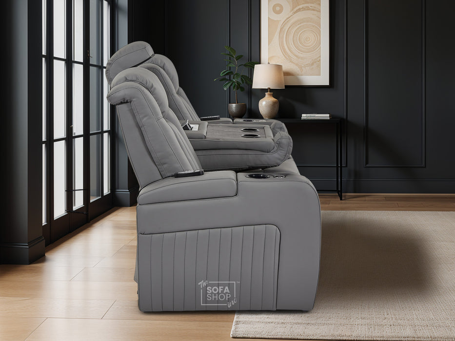 3 Seater Light Grey Real Leather Electric Recliner Cinema Sofa | Electric Sofa With Massage, Power Headrest, Wireless Charging & LED Reading Lights | Capri | The Sofa Shop