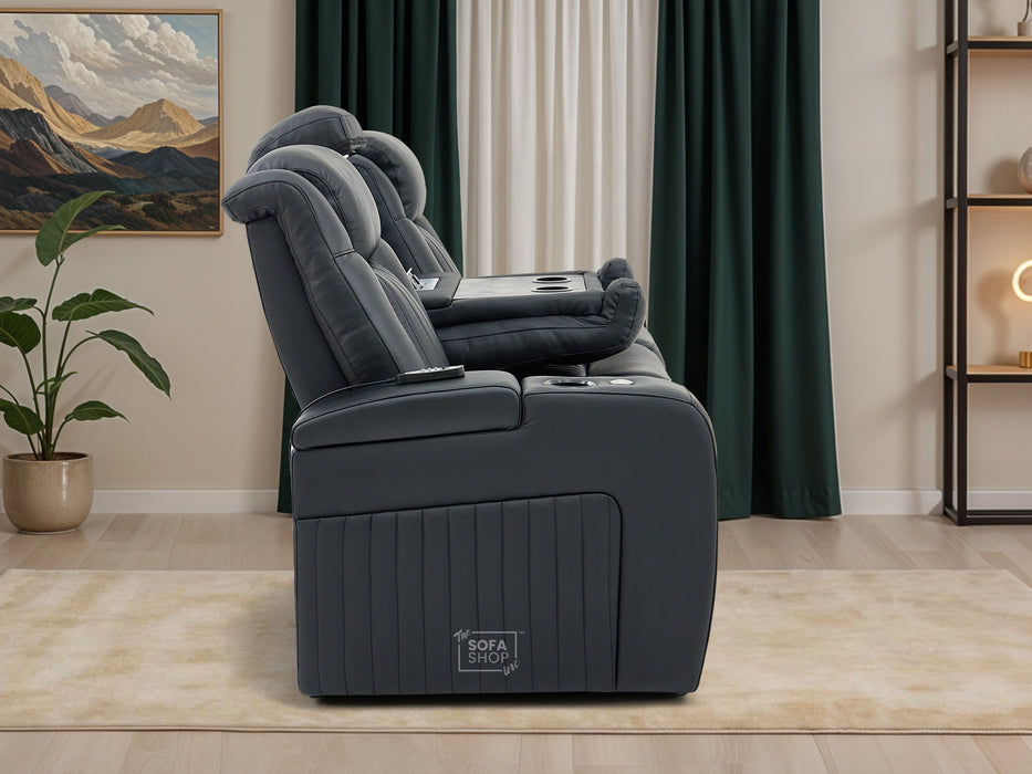 3 Seater Black Leather Hi-Tech Cinema Sofa | Electric Couch With Massage, Wireless Charging & Fold-Down Table | Capri | The Sofa Shop