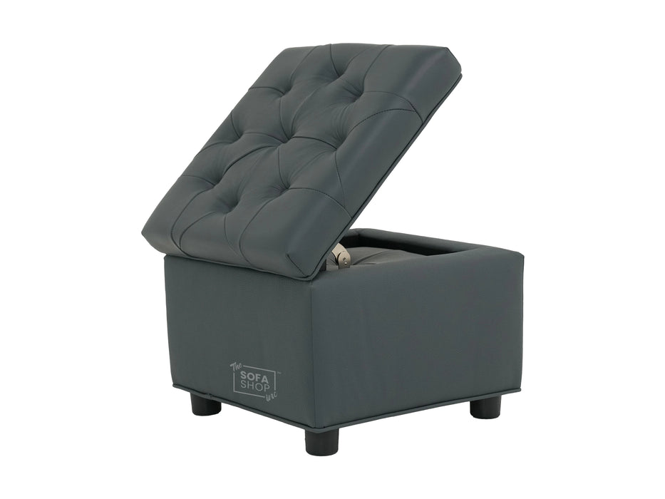 Grey Real Leather Footstool | Storage Ottoman for Sofa - Square